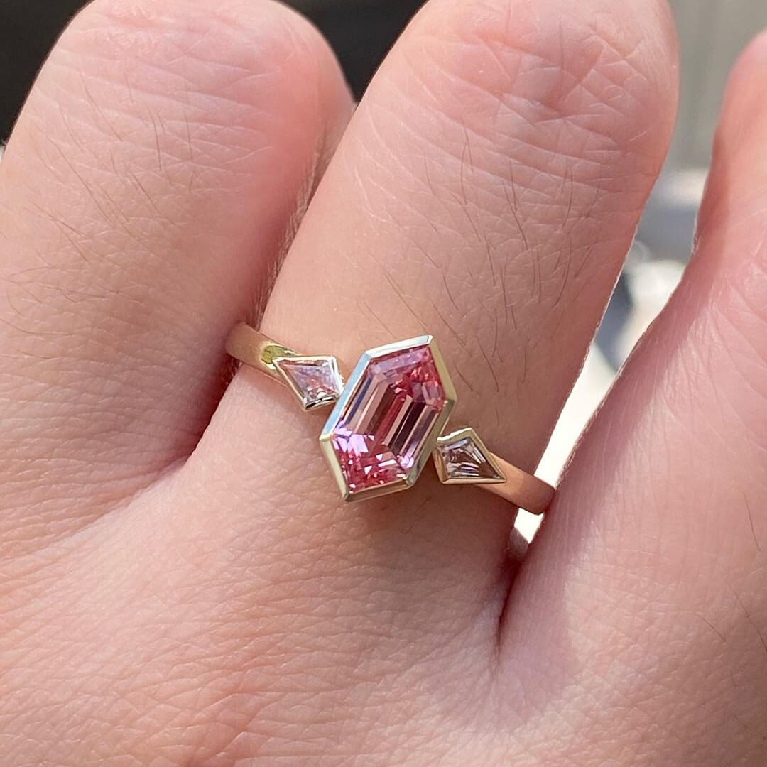 Geometric Cut Fancy Pink 925 Sterling Silver Yellow Gold 3-Stone Engagement Ring