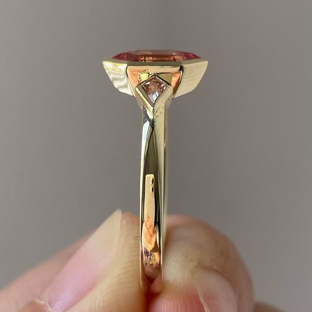 Geometric Cut Fancy Pink 925 Sterling Silver Yellow Gold 3-Stone Engagement Ring