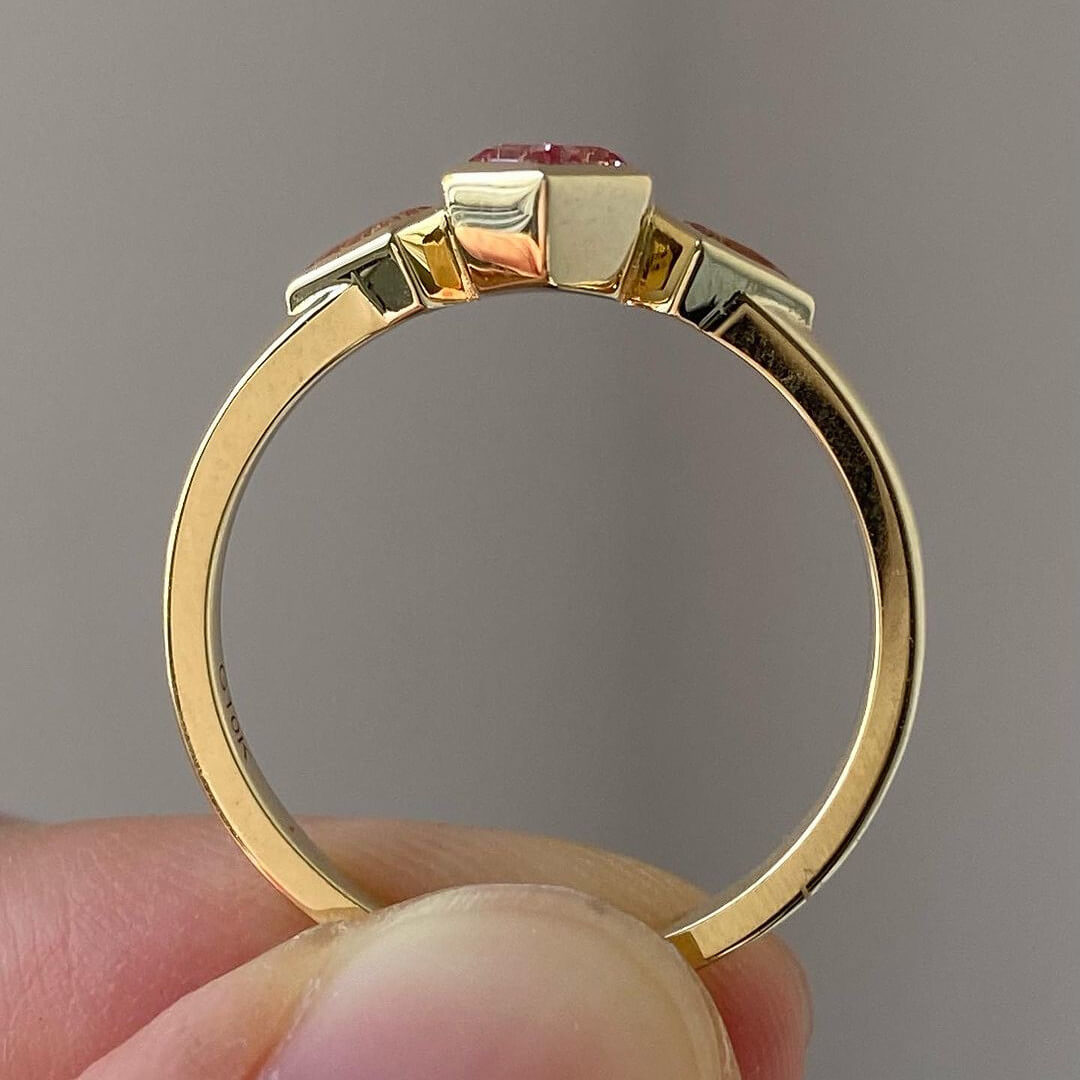 Geometric Cut Fancy Pink 925 Sterling Silver Yellow Gold 3-Stone Engagement Ring