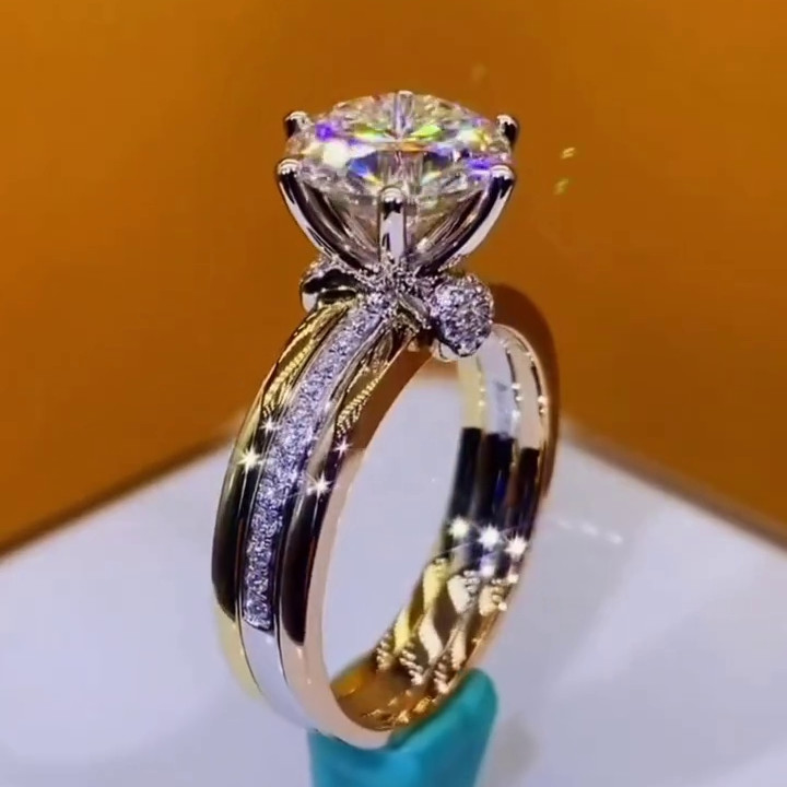 Round Cut Diamond White 925 Sterling Silver Art Deco Yellow Gold Two-tone Engagement Ring