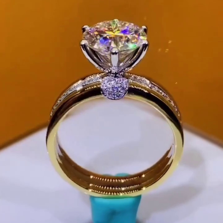 Round Cut Diamond White 925 Sterling Silver Art Deco Yellow Gold Two-tone Engagement Ring