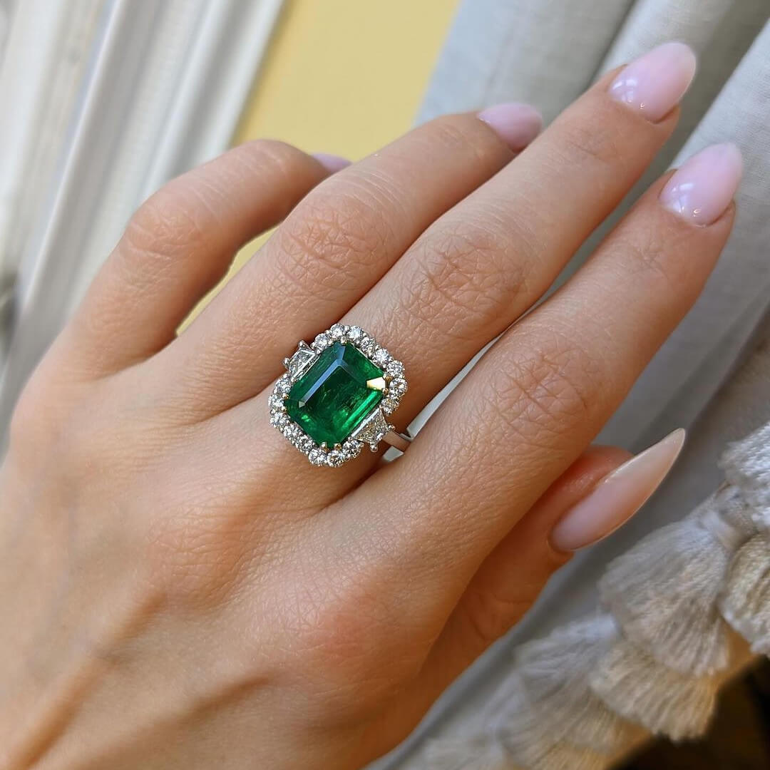 Emerald Cut Emerald Green 925 Sterling Silver Halo Engagement Ring