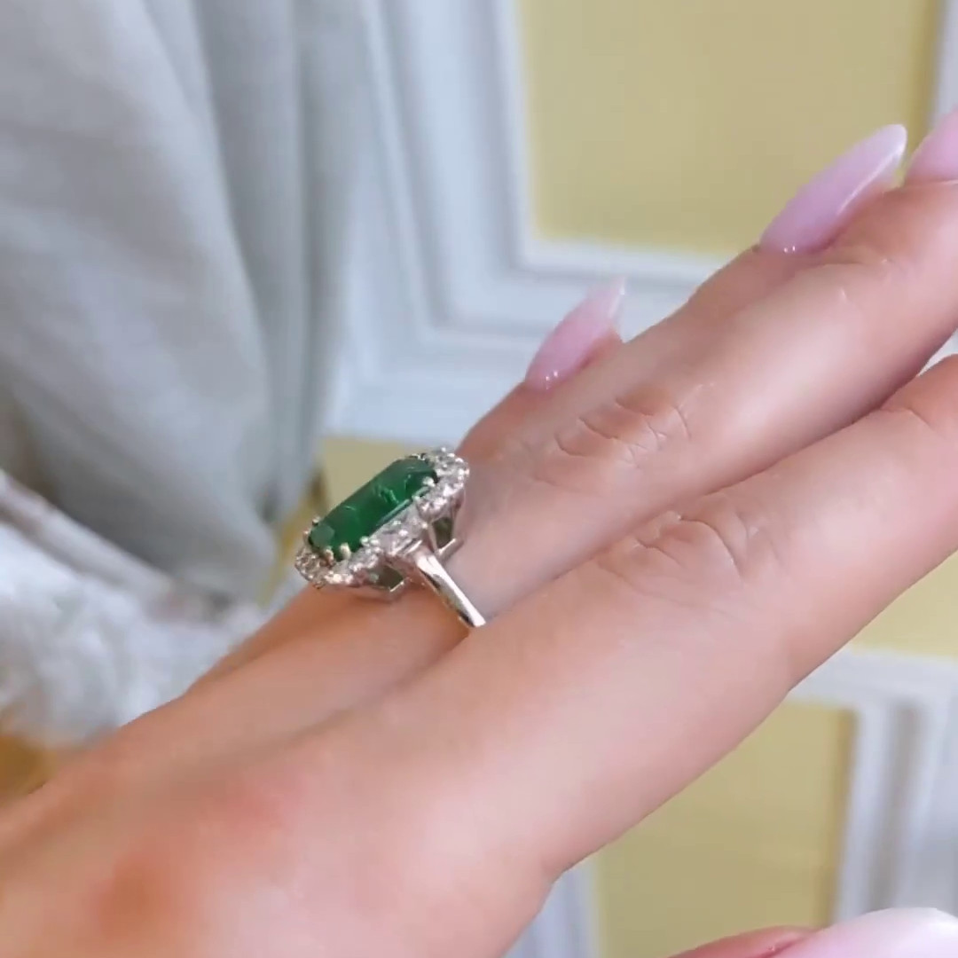 Emerald Cut Emerald Green 925 Sterling Silver Halo Engagement Ring