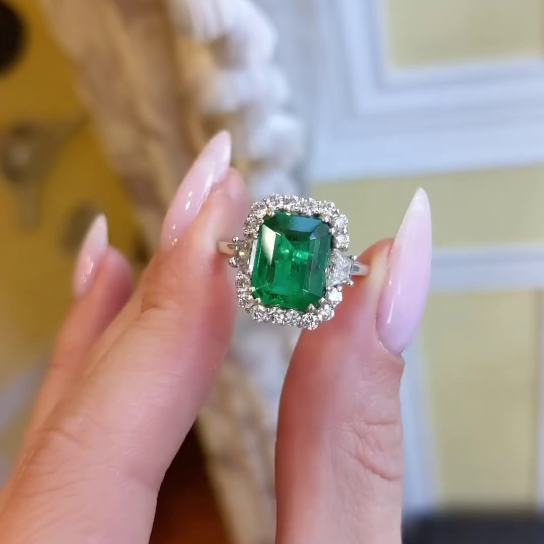 Emerald Cut Emerald Green 925 Sterling Silver Halo Engagement Ring