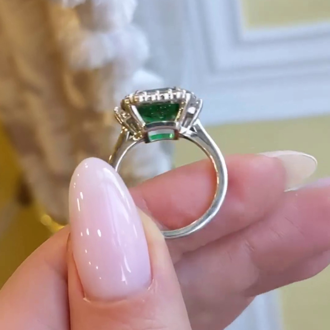 Emerald Cut Emerald Green 925 Sterling Silver Halo Engagement Ring