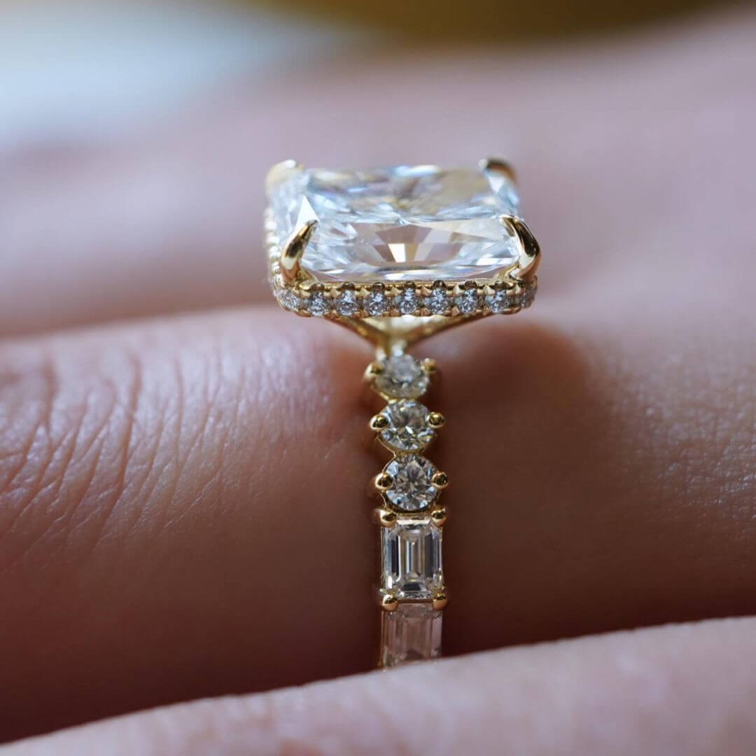 Radiant Diamond White Sterling Silver Gold Halo Engagement Ring