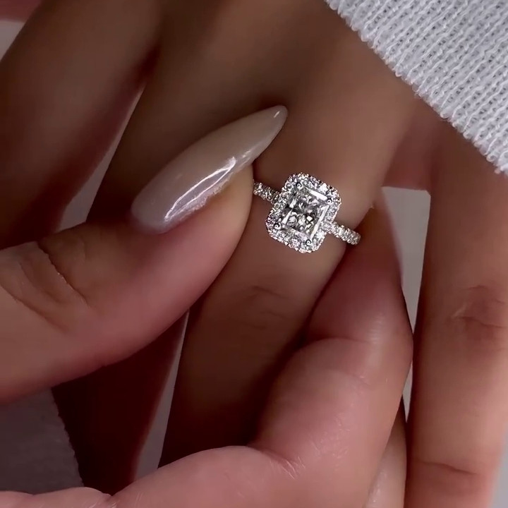 Radiant Diamond White Sterling Silver Halo Engagement Ring