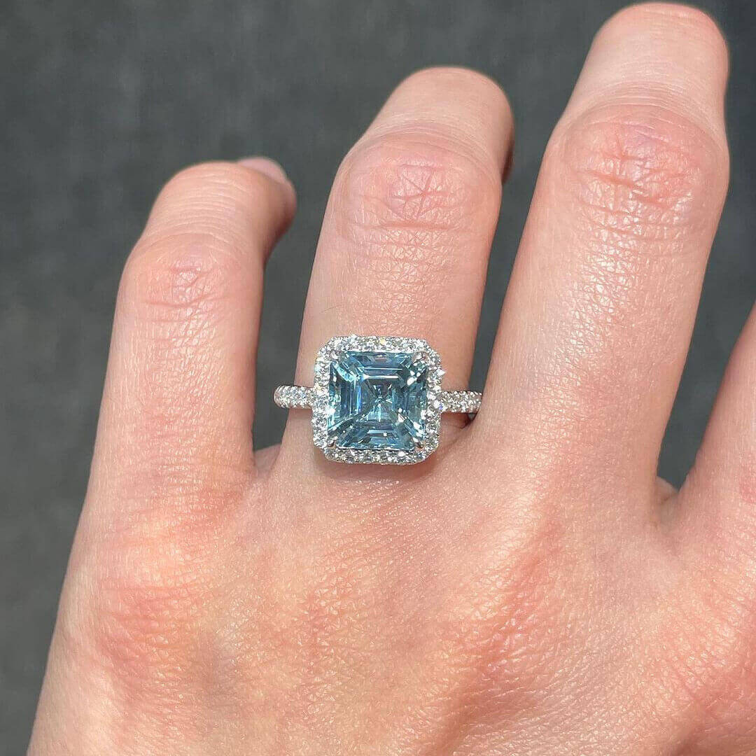 Asscher Cut Aquamarine Sterling Silver Halo Engagement Ring