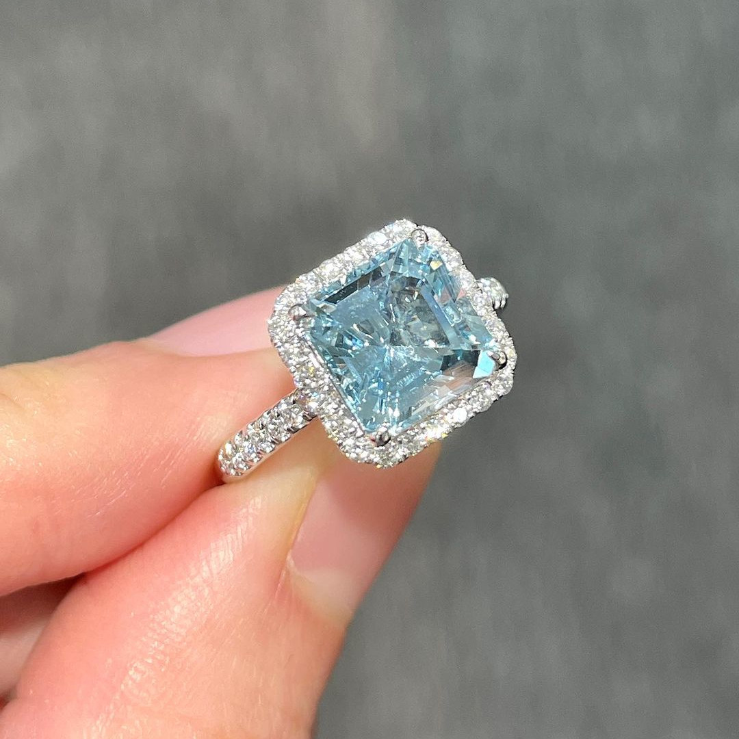 Asscher Cut Aquamarine Sterling Silver Halo Engagement Ring