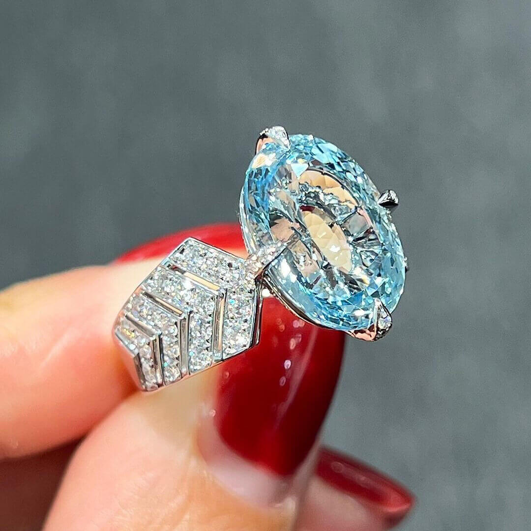 Oval Cut Aquamarine Sterling Silver Art Deco Engagement Ring