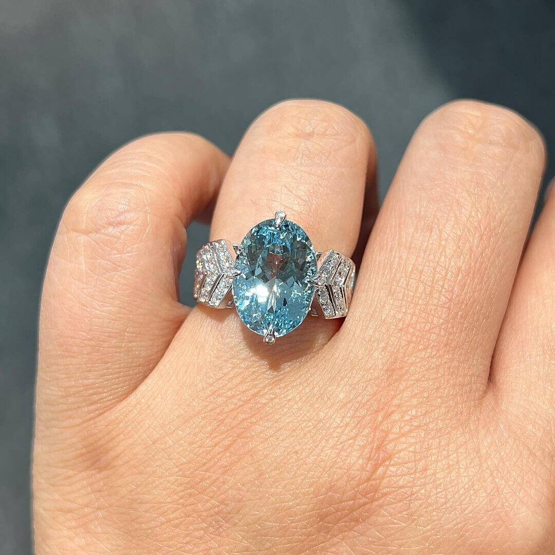 Oval Cut Aquamarine Sterling Silver Art Deco Engagement Ring