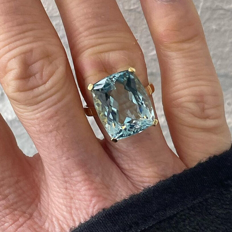 Cushion Cut Aquamarine Sterling Silver Yellow Gold Solitaire Engagement Ring