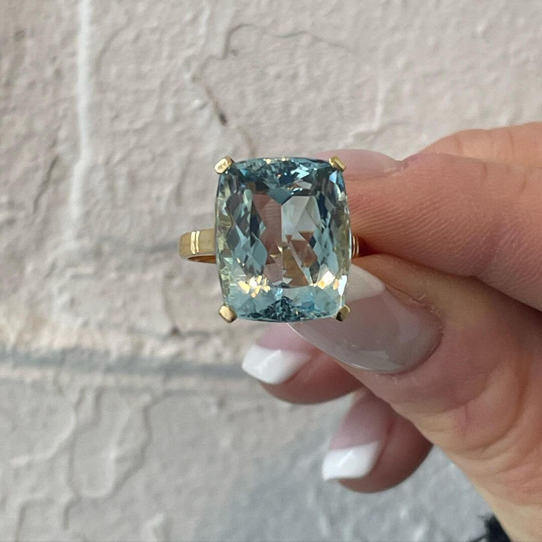 Cushion Cut Aquamarine Sterling Silver Yellow Gold Solitaire Engagement Ring