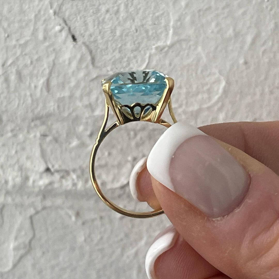 Cushion Cut Aquamarine Sterling Silver Yellow Gold Solitaire Engagement Ring