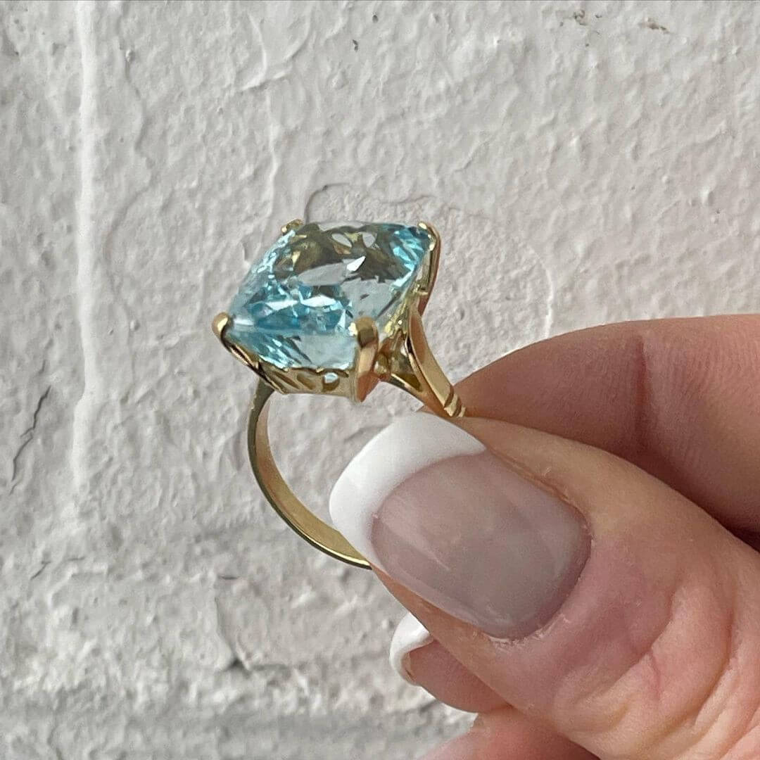 Cushion Cut Aquamarine Sterling Silver Yellow Gold Solitaire Engagement Ring