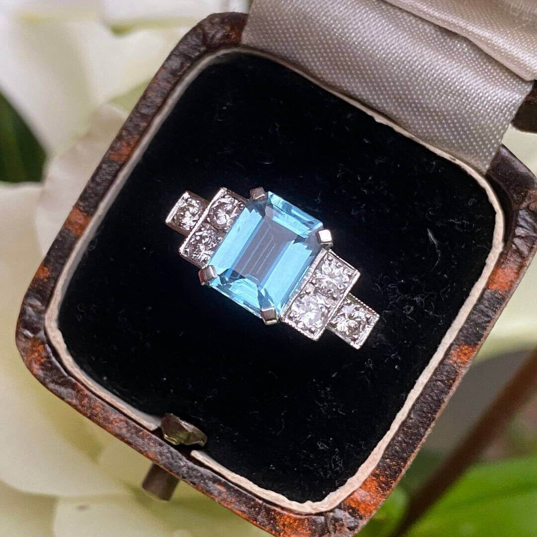 Emerald Cut Aquamarine Sterling Silver Art Deco Engagement Ring