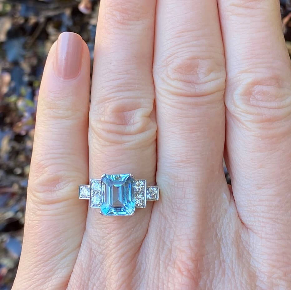 Emerald Cut Aquamarine Sterling Silver Art Deco Engagement Ring