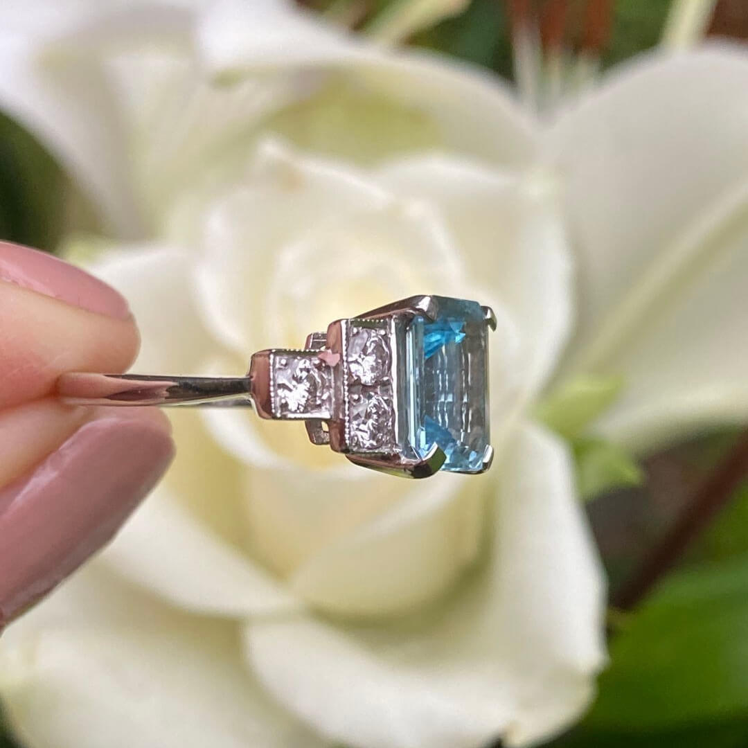 Emerald Cut Aquamarine Sterling Silver Art Deco Engagement Ring