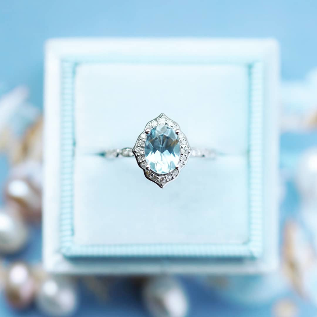 Oval Cut Aquamarine Sterling Silver Halo Engagement Ring