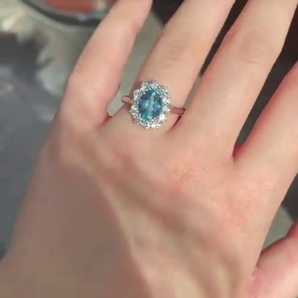 Oval Cut Aquamarine Sterling Silver Halo Engagement Ring