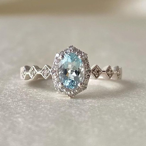 Oval Cut Aquamarine Sterling Silver Halo Engagement Ring