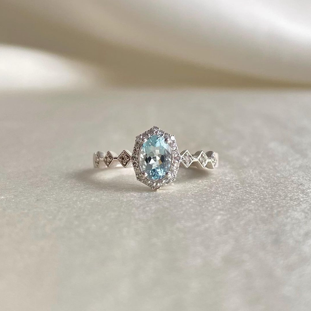 Oval Cut Aquamarine Sterling Silver Halo Engagement Ring