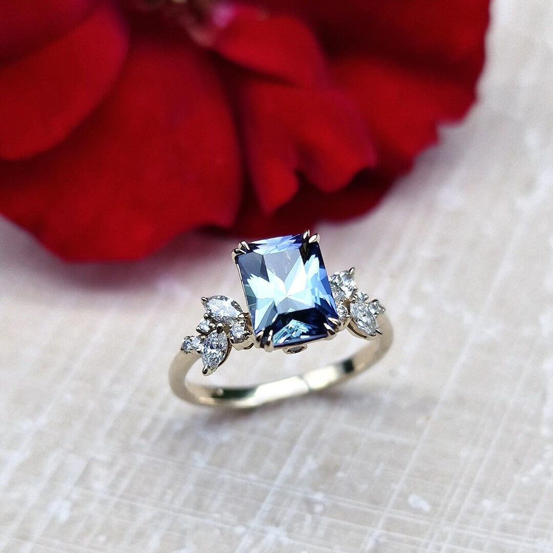 Radiant Cut Aquamarine Sterling Silver Art Deco Engagement Ring