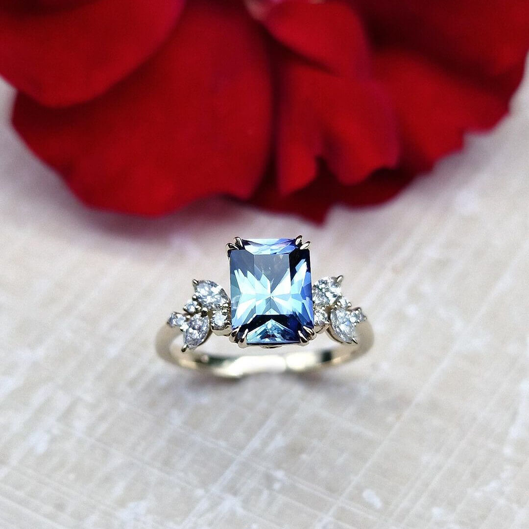Radiant Cut Aquamarine Sterling Silver Art Deco Engagement Ring
