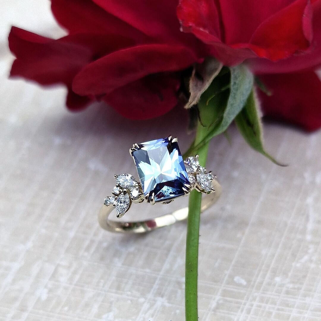 Radiant Cut Aquamarine Sterling Silver Art Deco Engagement Ring