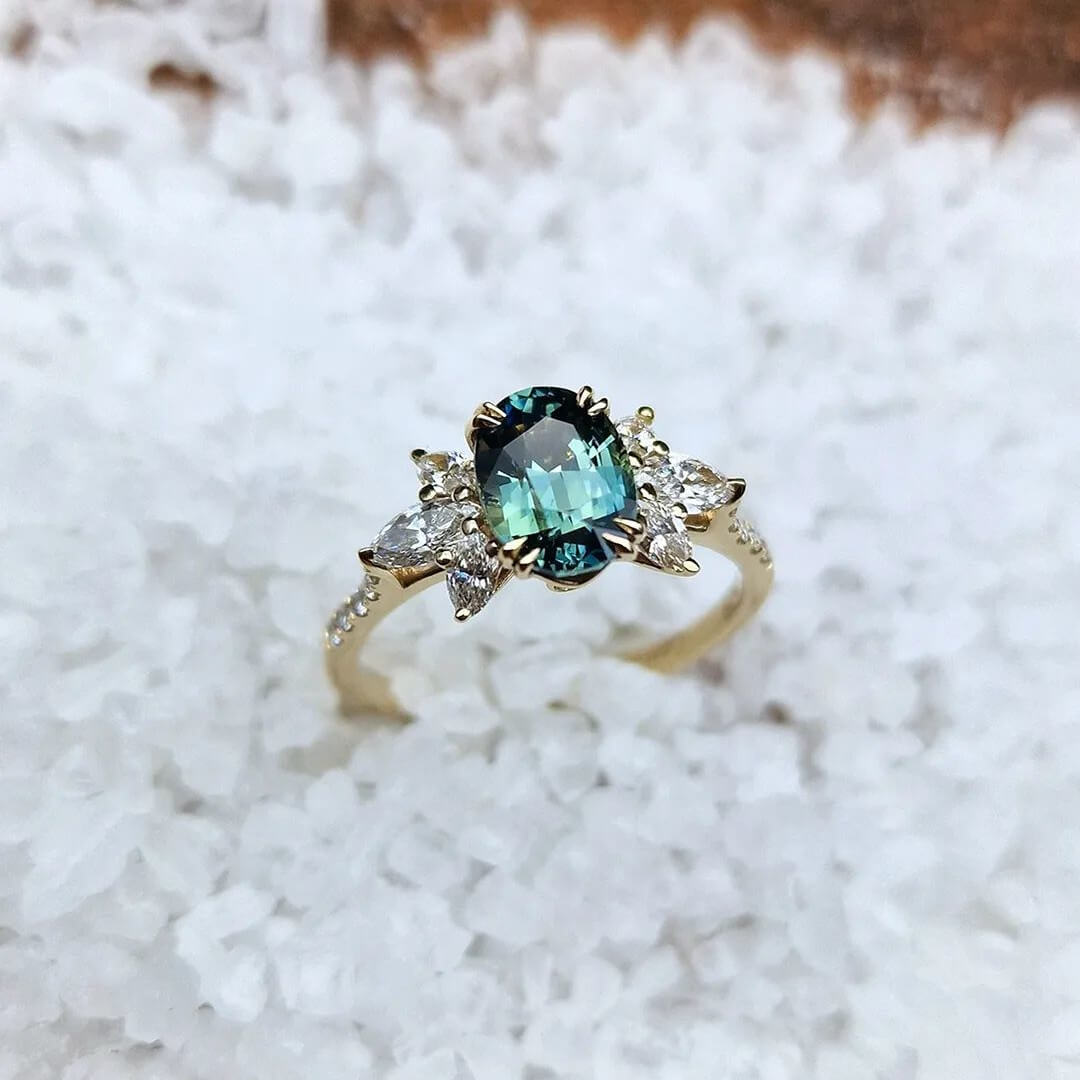 Oval Cut Emerald Sterling Silver Yellow Gold Engagement Ring