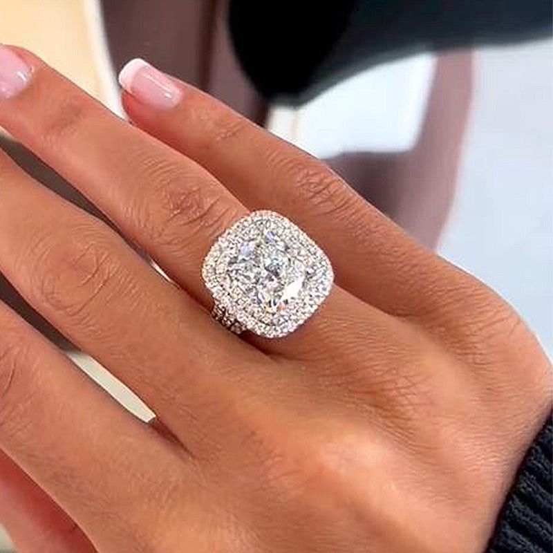 Cushion Cut Diamond White Sterling Silver Double Halo Engagement Ring