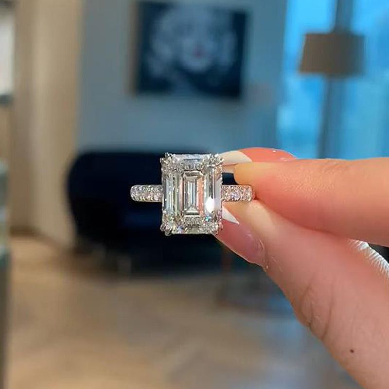 Emerald Cut Diamond White Sterling Silver Halo Engagement Ring