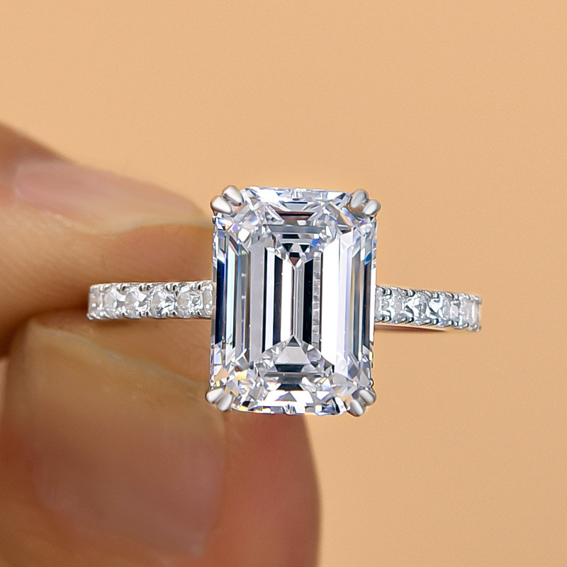 Emerald Cut Diamond White Sterling Silver Halo Engagement Ring