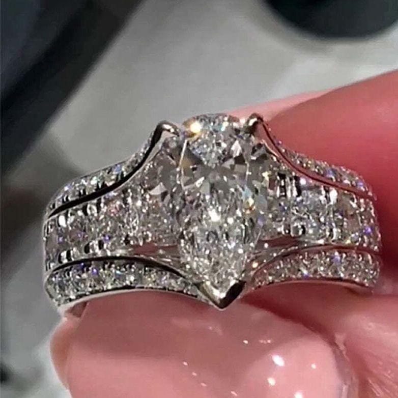 Pear Cut Diamond White Sterling Silver Art Deco Engagement Ring