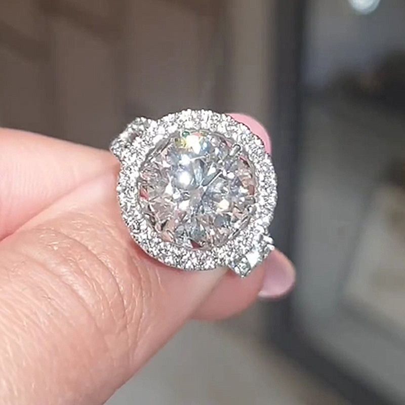 Round Cut Diamond White Sterling Silver Halo Engagement Ring