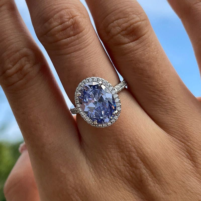 Oval Cut Sapphire Blue Sterling Silver Halo Engagement Ring
