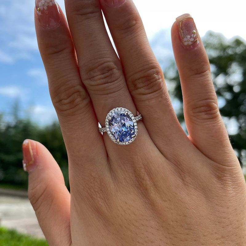 Oval Cut Sapphire Blue Sterling Silver Halo Engagement Ring