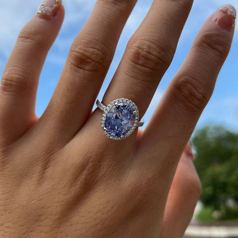 Oval Cut Sapphire Blue Sterling Silver Halo Engagement Ring