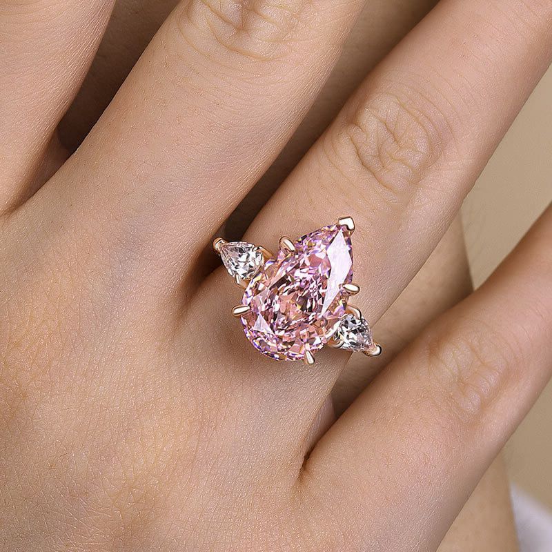 Pear Cut Fancy Pink Sterling Silver Rose Gold 3-Stone Engagement Ring