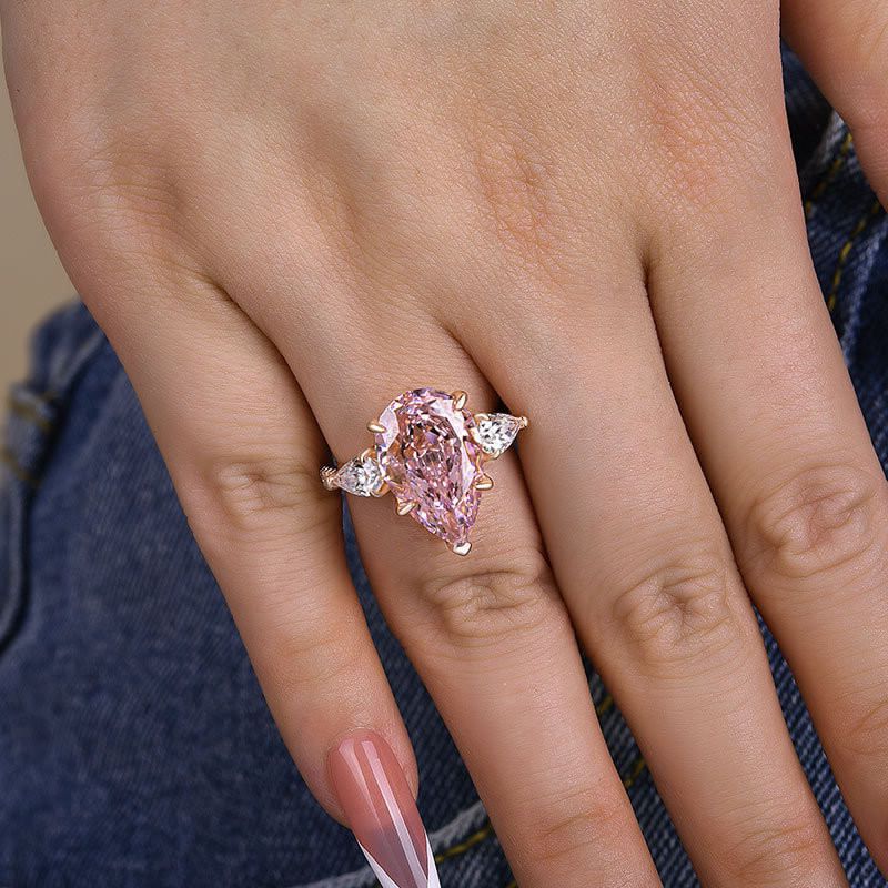 Pear Cut Fancy Pink Sterling Silver Rose Gold 3-Stone Engagement Ring