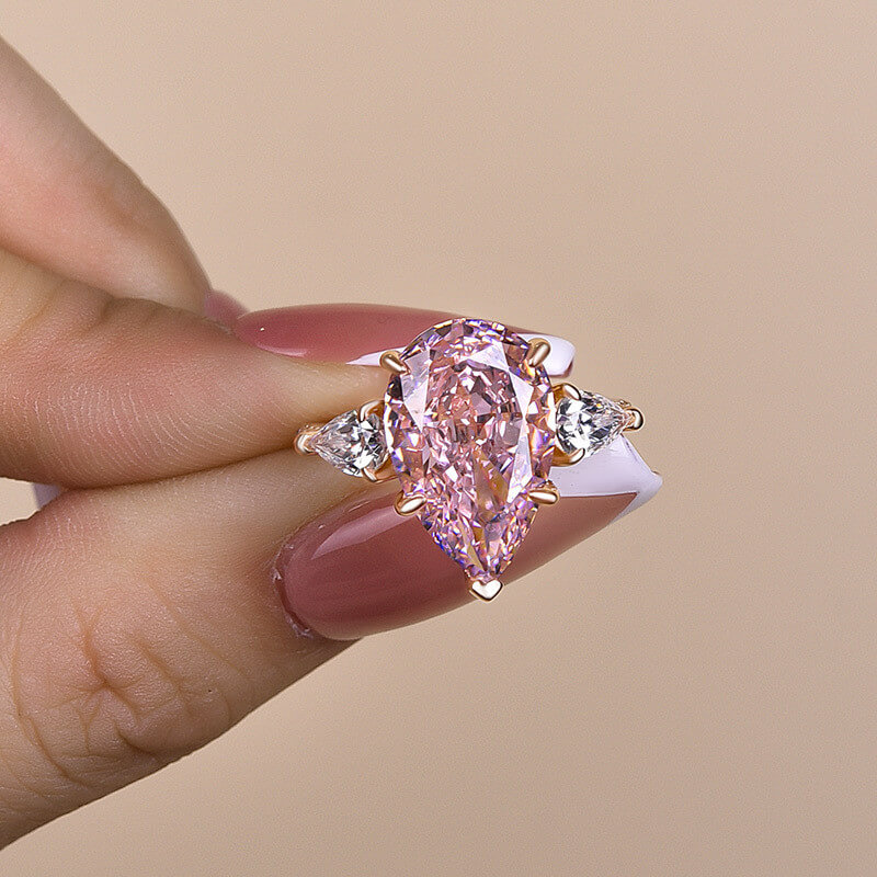 Pear Cut Fancy Pink Sterling Silver Rose Gold 3-Stone Engagement Ring