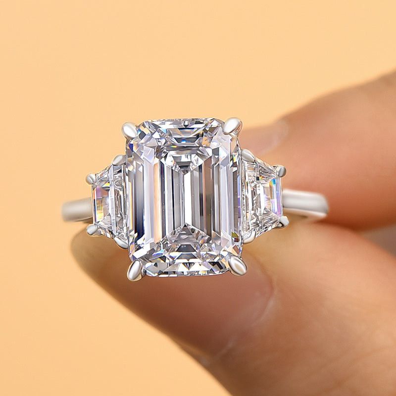 Emerald Cut Diamond White Sterling Silver 3-Stone Engagement Ring