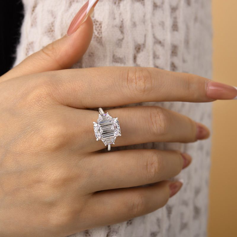 Emerald Cut Diamond White Sterling Silver 3-Stone Engagement Ring