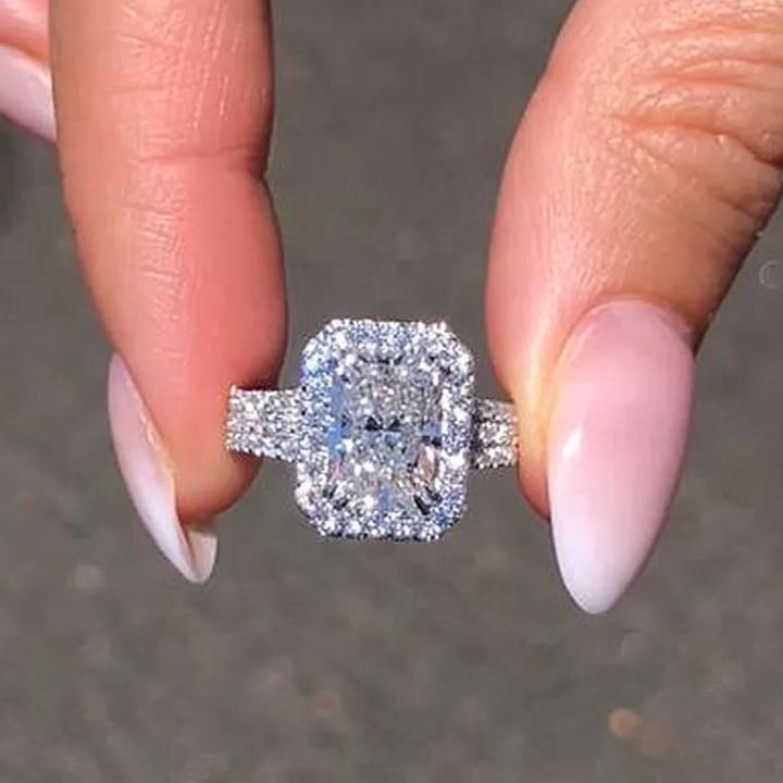 Radiant Cut Diamond White Sterling Silver Halo Engagement Ring