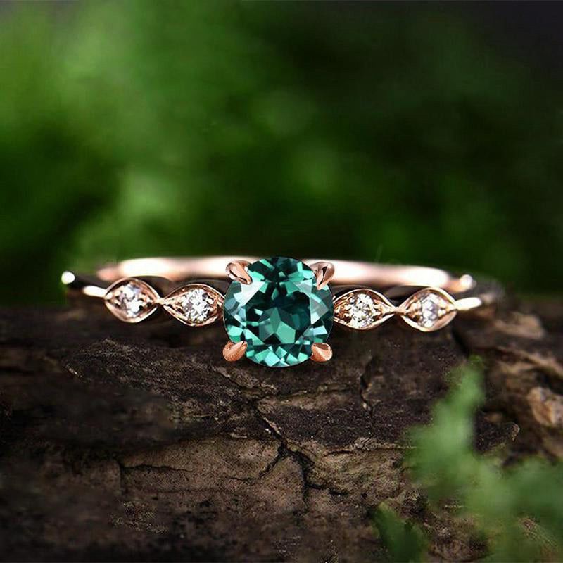 Round Cut Emerald Green Sterling Silver Rose Gold Engagement Ring