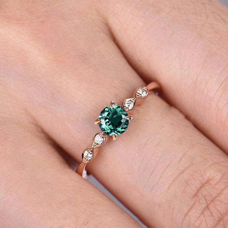 Round Cut Emerald Green Sterling Silver Rose Gold Engagement Ring