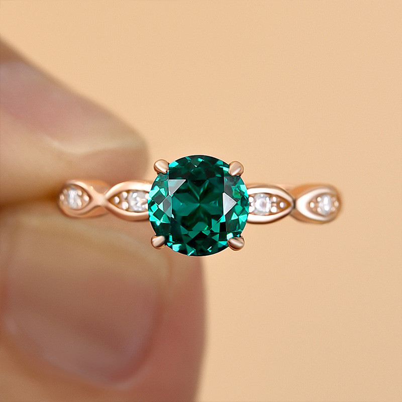 Round Cut Emerald Green Sterling Silver Rose Gold Engagement Ring