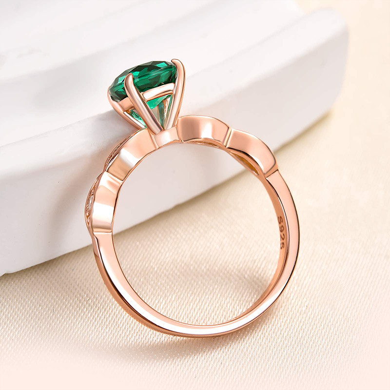 Round Cut Emerald Green Sterling Silver Rose Gold Engagement Ring
