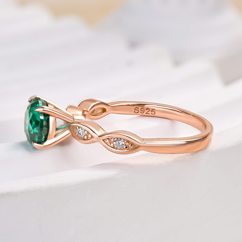 Round Cut Emerald Green Sterling Silver Rose Gold Engagement Ring