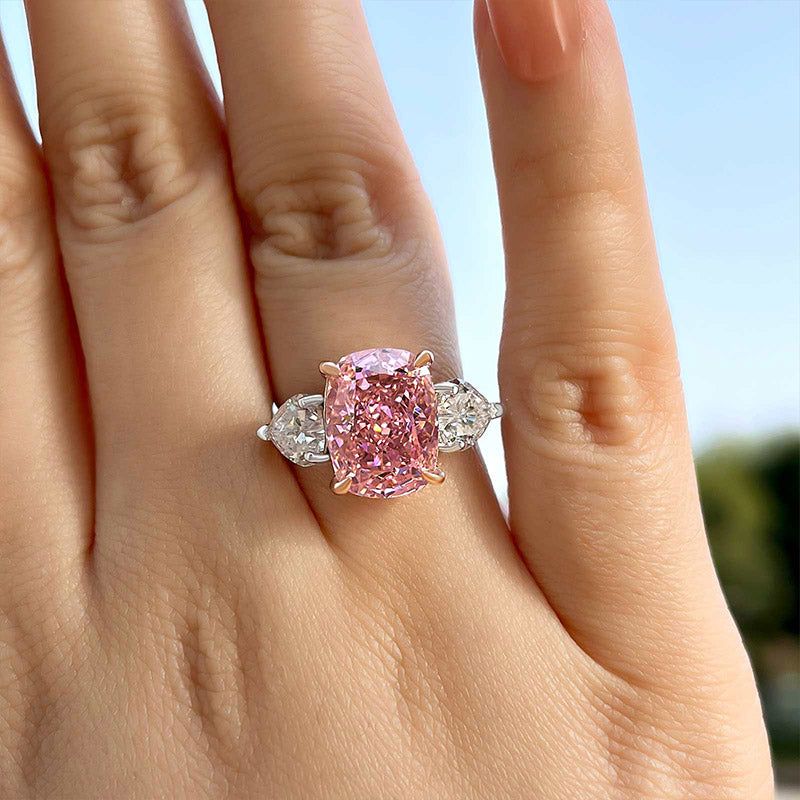 Cushion Cut Fancy Pink Sterling Silver 3-Stone Engagement Ring